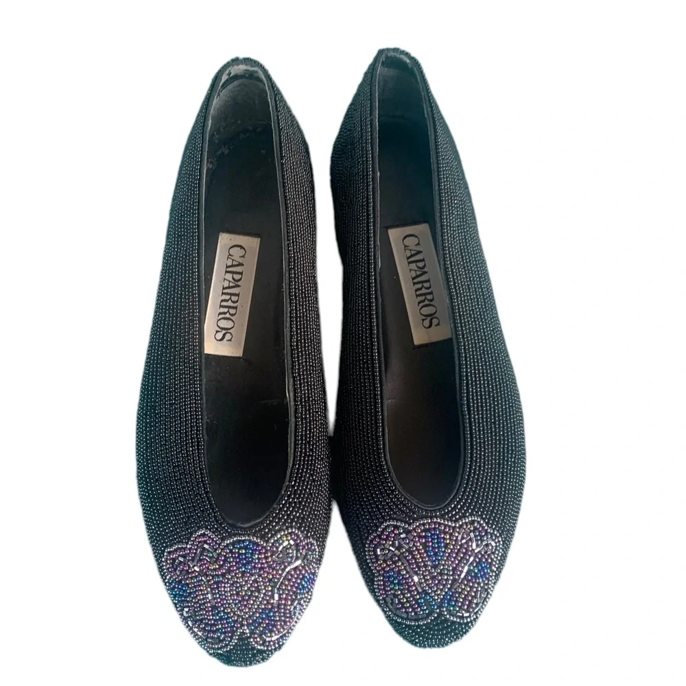 CAPARROS: Vintage Black Beaded Close Toed Espadrilles- Size 6